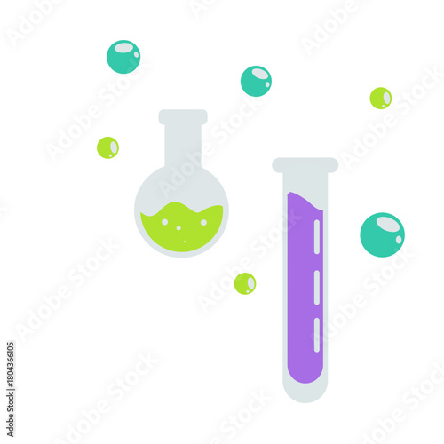 Beaker and test tube with bubbles icon, ideal for chemical reactions, biology labs, or illustrating fun science education visually.