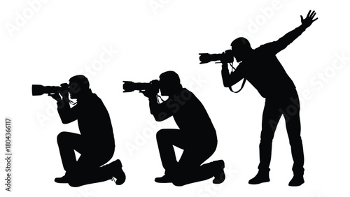 Photographer silhouettes with cameras isolated on white background, Vector