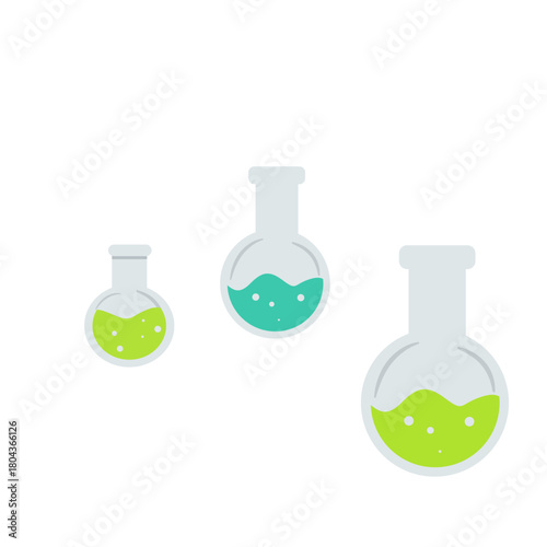 Three science beakers with green liquid icon, perfect for chemistry lessons, lab work, or illustrating scientific experiments visually.