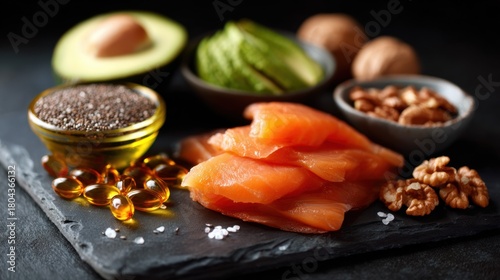 Fresh salmon, avocado, walnuts, and chia seeds displayed on a slate plate. A vibrant showcase of omega-3 rich foods and healthy nutrition essentials.