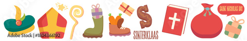 Sinterklaas and Saint Nicholas Day icons set vector illustration, traditional Dutch and Belgian holiday symbols, creative graphic art for greeting cards, invitations, and cultural event decorations