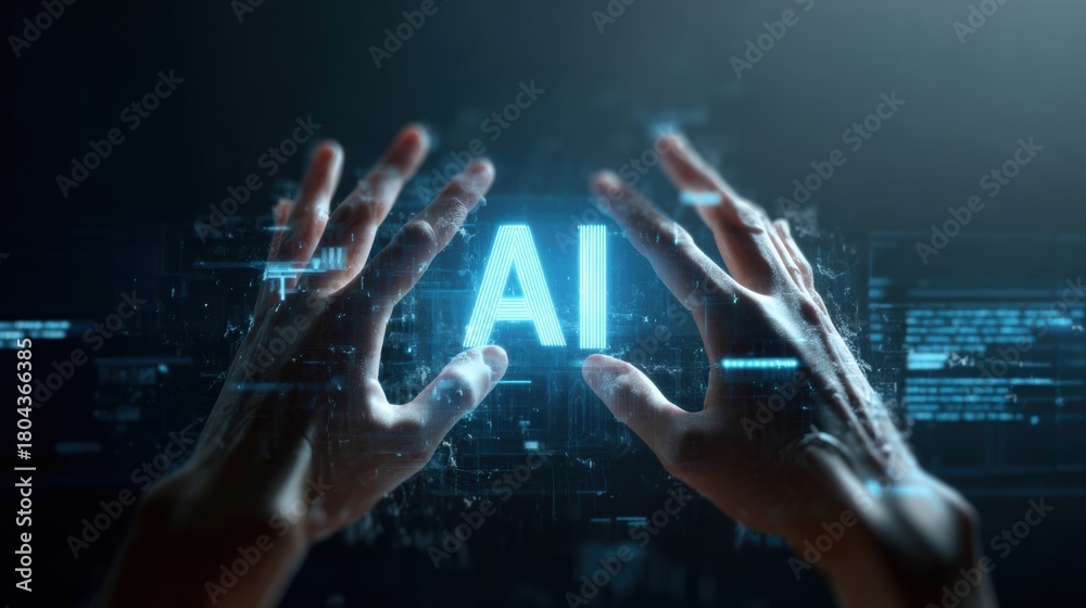 Obraz premium Human hands reach toward a glowing AI hologram in a digital interface. This futuristic composition highlights artificial intelligence and technological innovation.
