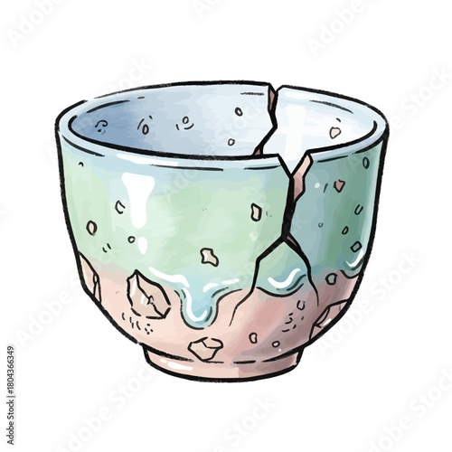 Cracked ceramic teacup illustration with pastel green and pink glaze, showing rustic imperfections
