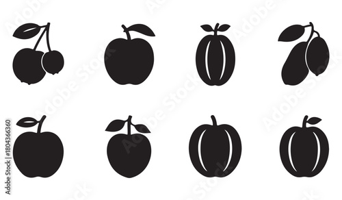  Collection of eight black silhouette fruit icons with stems and leaves on a white background