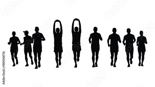 Running and stretching people silhouettes isolated on white background, Vector