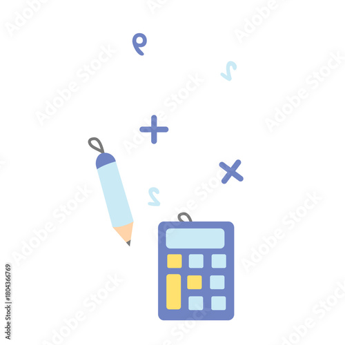 Calculator and pencil with math symbols icon, perfect for arithmetic lessons, homework, or illustrating problem-solving in education.