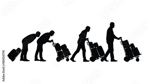 Evolution of luggage handling silhouette isolated on white background, Vector