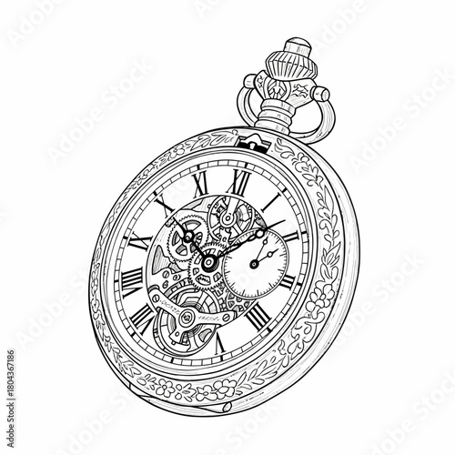 Vintage Pocket Watch Illustration Timepiece with Intricate Gears and Floral Details