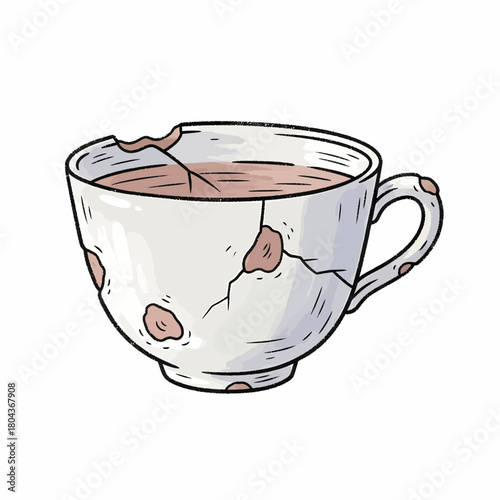 Charming hand-drawn illustration of a broken vintage teacup symbolizing fragility