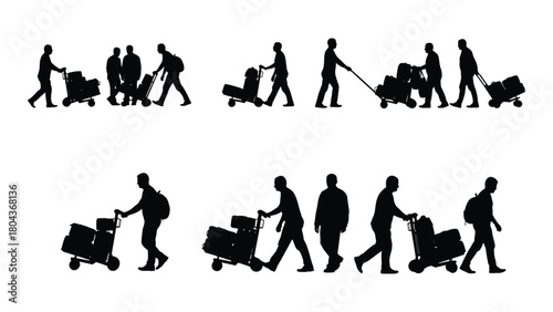 Travelers and handlers with luggage cart silhouettes isolated on white background, Vector