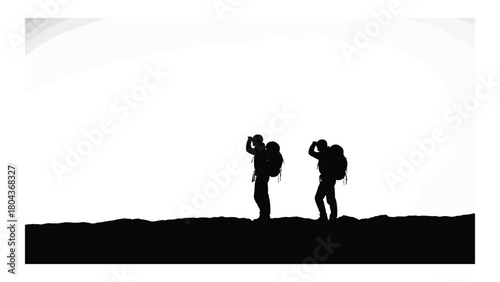 Two hikers silhouette on ridge isolated on white background, Vector