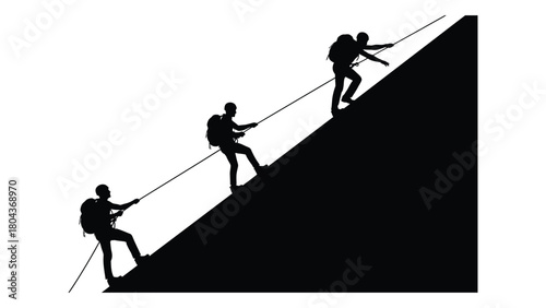 Three climbers ascending hill silhouette isolated on white background, Vector