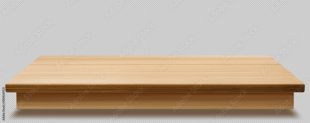 Obraz premium Wooden desk surface with natural wood grain texture isolated on transparent background in perspective view. Realistic timber kitchen countertop or tabletop display for product presentation mockups.