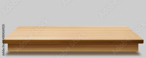 Wooden desk surface with natural wood grain texture isolated on transparent background in perspective view. Realistic timber kitchen countertop or tabletop display for product presentation mockups.