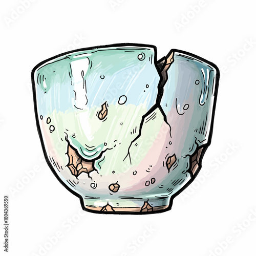 A Broken Ceramic Bowl Illustration of Shattered Pottery with Cracks and Damage Details