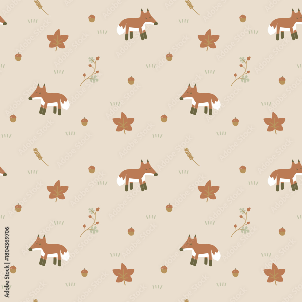 Fototapeta premium seamless minimal autumn season with fox repeat pattern background, flat vector illustration graphic design