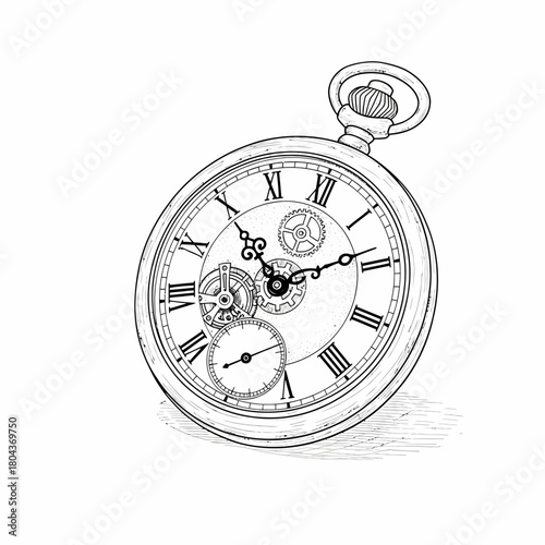 Intricate vintage pocket watch illustration depicting timeless elegance and complex mechanical gears with Roman numerals