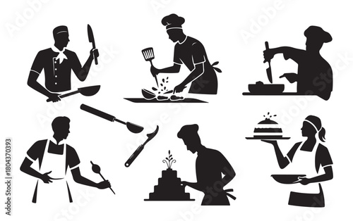 Chef Silhouette Cooking Set, Kitchen Culinary Professionals Illustration.
