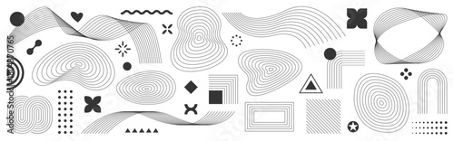 Set of geometric shapes. Halftone line elements design, retro elements for web, wavy, advertisement, commercial banner, poster, leaflet, billboard. Collection trendy halftone vector geometric shapes.