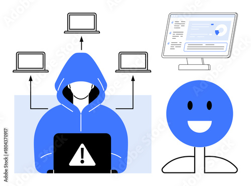 Mysterious hacker in blue hoodie with laptop and warning sign, connected computers, secured smiling user, and digital security interface. Ideal for cybersecurity, privacy, hacking, protection, data