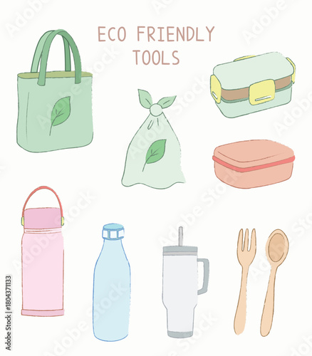 Eco friendly tools doodle vector isolated collection. Cartoon clip art of reusable items like tote bag, lunch box, tumbler for poster, design, asset, environmental