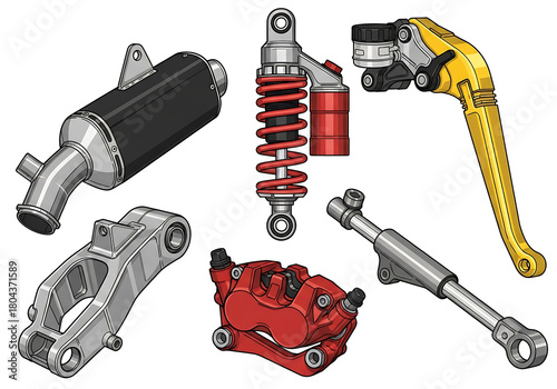 Collection of motorcycle parts on white background