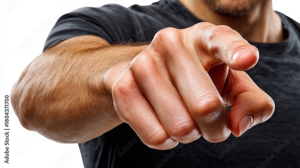 Fototapeta premium Close-up of a human hand with a pointing gesture against a clean white background, showcasing strong fingers and detailed skin texture