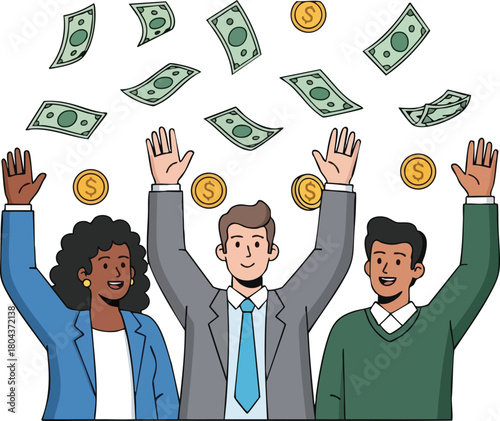Three diverse people celebrating as money and coins rain down around them, symbolizing financial success and good fortune.