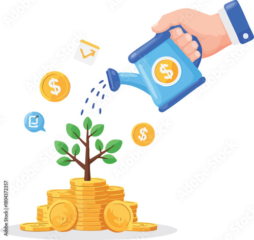 Investment growth: Hand watering plant growing on coins.