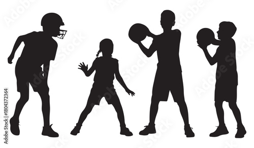  Silhouettes of diverse children playing sports and games together outdoors on a sunny day