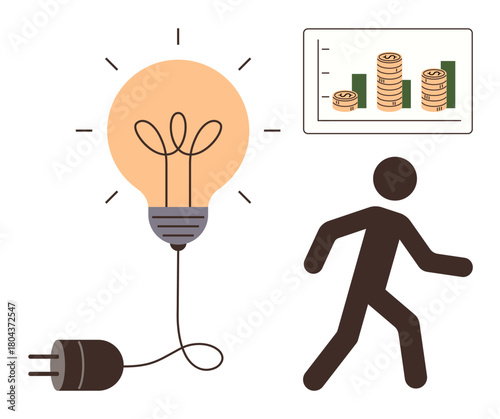 Lightbulb with plug for innovation, person symbolizing action, and graph with coins for financial growth. Ideal for creativity, entrepreneurship, energy, finance, progress, productivity