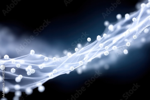 Abstract Molecular Structure: An intricate, luminous structure of connected spheres and flowing lines against a deep, dark backdrop evokes a sense of advanced science and modern technology. 