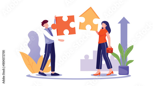 Digital illustration of two people collaborating and connecting by holding puzzle pieces together symbolizing teamwork and problem solving in a conceptual design