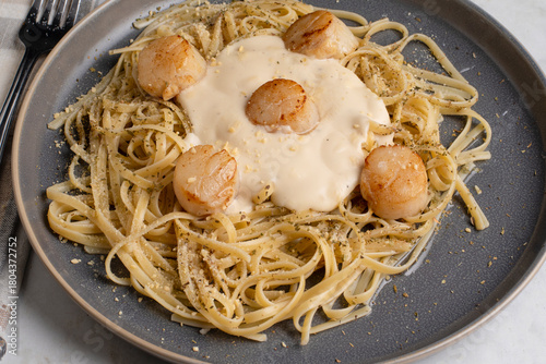 linguine with  pan sheared scallops