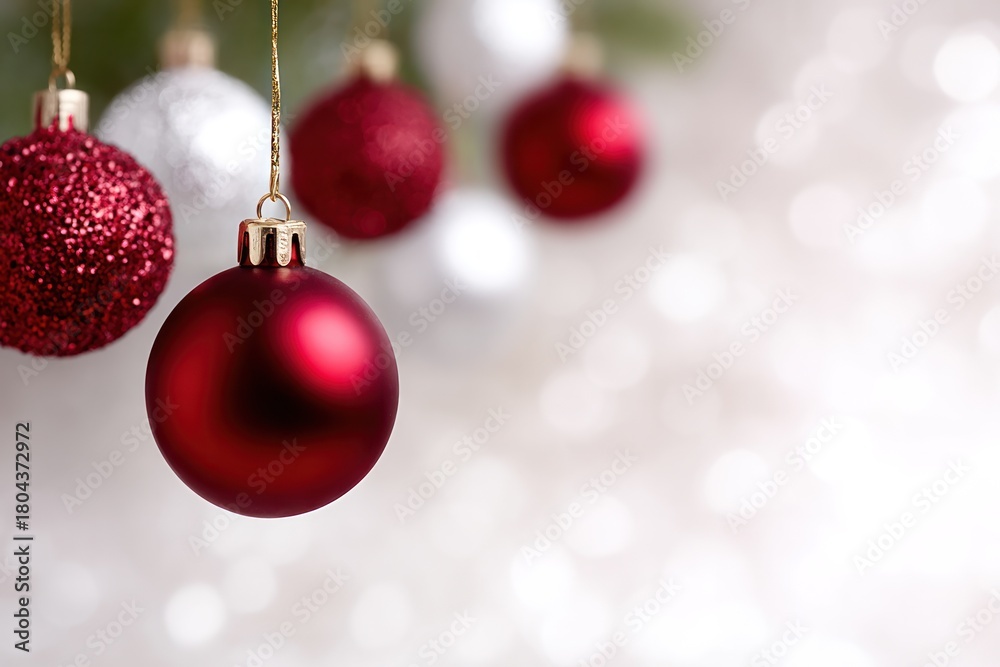 Fototapeta premium Festive Ornaments in the Spotlight: Vibrant red and shimmering silver ornaments create a cheerful holiday display, sparkling against a soft, blurred background.
