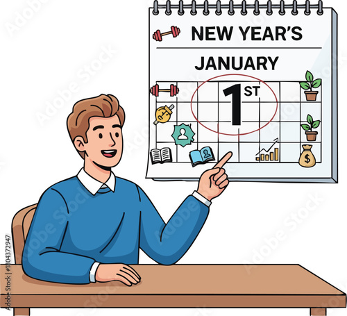 A man points to the first day of January on a New Year's calendar, symbolizing resolutions and goal setting.