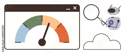 Performance meter in a browser window, robotic assistant using magnifying glass, cloud element. Ideal for AI, data analysis, performance monitoring, cloud computing, innovation, automation simple