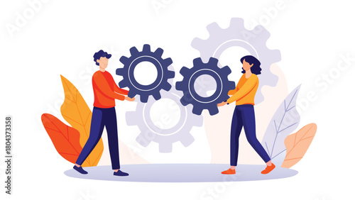 Two people collaborating and holding interconnected gear wheels symbolizing teamwork partnership and mechanical synergy in a flat design style