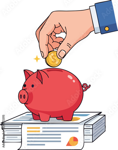 Hand putting coin into piggy bank on top of documents.