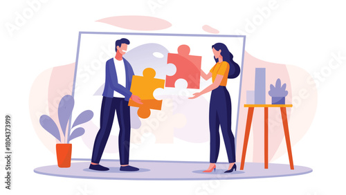 Flat design illustration of a man and woman collaborating and arranging abstract shapes symbolizing teamwork and creative problem solving in a modern minimalist style