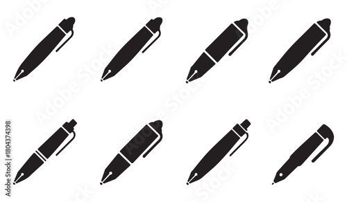  Collection of eight black ink pens arranged in two rows on a white background