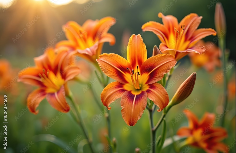 Obraz premium Vibrant orange daylily flowers bloom beautifully in sunlit garden. Tawny corn lilies grow with rich green leaves in warm morning light, creating natural peaceful scene. Golden rays illuminate