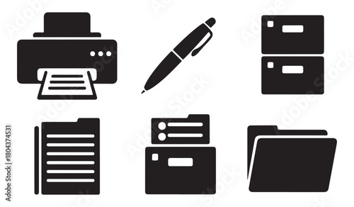  Collection of office supplies icons including printer pen folders and documents on white background