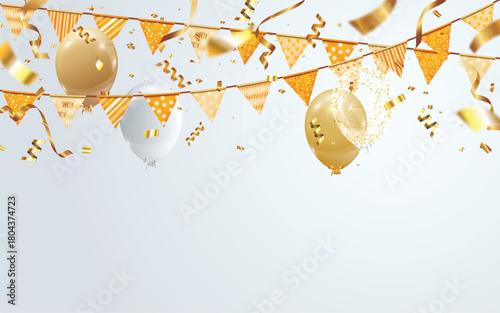 Festive Christmas celebration with glod helium balloons, luxury decorative bunting flags, and scattered confetti. For party, event, holiday celebrations, New Year, christmas, birthday, ads