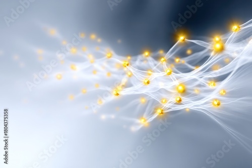 Abstract Network of Light: A luminous network of interconnected glowing orbs and ethereal lines weaves through an atmospheric background.