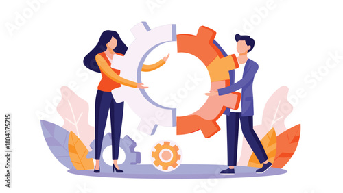 Two diverse professionals collaborating on a project illustrating teamwork partnership and shared success in a modern flat vector design