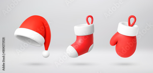 Red santa hat, christmas stocking and mitten. Christmas holiday 3d cartoon illustration for banner, greeting card, web, promotion, decoration. Vector illustration