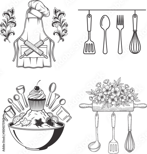 Elegant black and white vintage kitchen and bakery illustration set with chef hat apron floral glass teacup spice jars mixing bowl rolling pin measuring cup cookies botanical decorative line art vecto