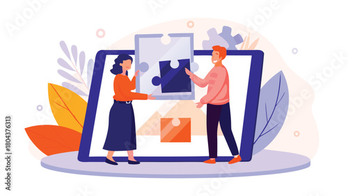 Illustration of two diverse coworkers collaborating to complete a complex jigsaw puzzle symbolizing teamwork problem solving and shared goals in a professional setting