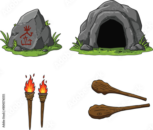 stone cave entrance with torches wooden clubs ancient rock symbols prehistoric shelter illustration survival tools primitive era design isolated artwork
